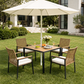 Seizeen 5-Piece Patio Dining Set, Outdoor Dining Table and Chairs with Acacia Wood Tabletop, Umbrella Hole, PE Rattan Armchairs with Beige Cushions, Patio Conversation Set for Garden, Backyard, Deck
