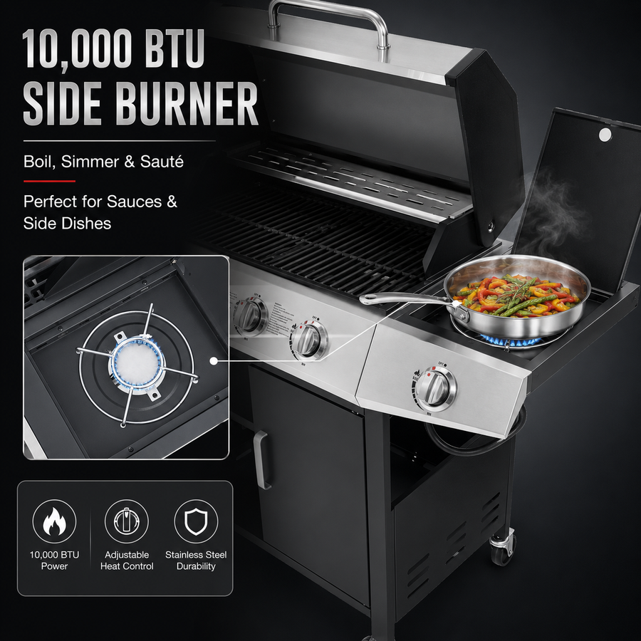 Seizeen 4 Burner Gas Grill with Side Burner, 50,000 BTU Stainless Steel BBQ Grill with Side Shelf, Tank Hook, Towel Rack & Bottle Opener, Outdoor Patio Propane Grill for Backyard, Camping
