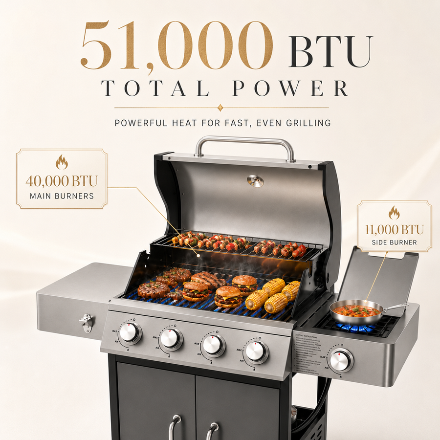 Seizeen Gas Grill with Side Burner, 51,000 BTU Outdoor BBQ Grill w/Porcelain-Enameled Cast Iron Grates, 4-Burner Portable Propane Grill on Wheelsfor Patio Backyard