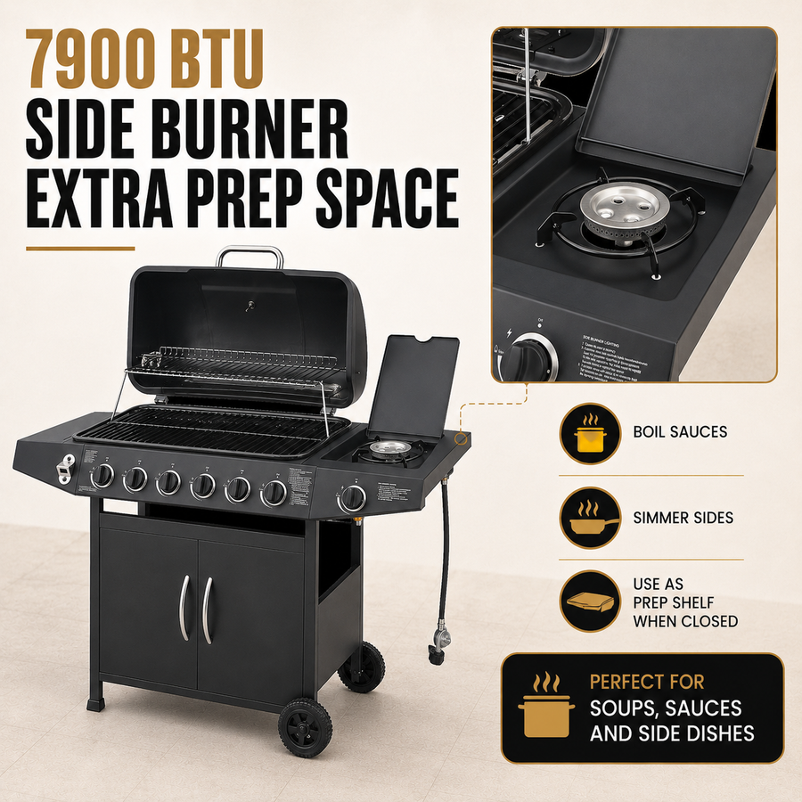 6-Burner Propane Gas Grill with Side Burner, 59000 BTU Outdoor BBQ Grill with Porcelain-Enameled Grates, Warming Rack, Side Tables, Bottle Opener, Thermometer & Wheels for Patio Backyard Cooking