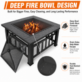32'' Wood Burning Fire Pit, Outdoor Metal Fire Pit Table with Mesh Screen Lid & Poker, Stone Pattern Patio Fireplace for Backyard, Garden, BBQ, Heating, Square
