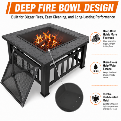 32'' Wood Burning Fire Pit, Outdoor Metal Fire Pit Table with Mesh Screen Lid & Poker, Stone Pattern Patio Fireplace for Backyard, Garden, BBQ, Heating, Square
