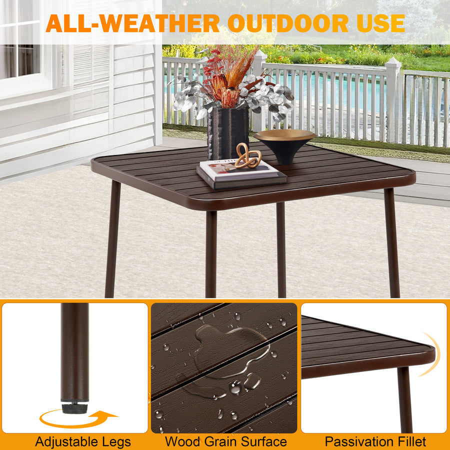 Patio Furniture Set, 5-piece Outdoor Dining Set Wood Grain Top, Plastic Patio Table and Chairs for Deck Yard Balcony Porch, All-weather Steel Frame, 4-person Dining Set for Indoor Outdoor, Brown