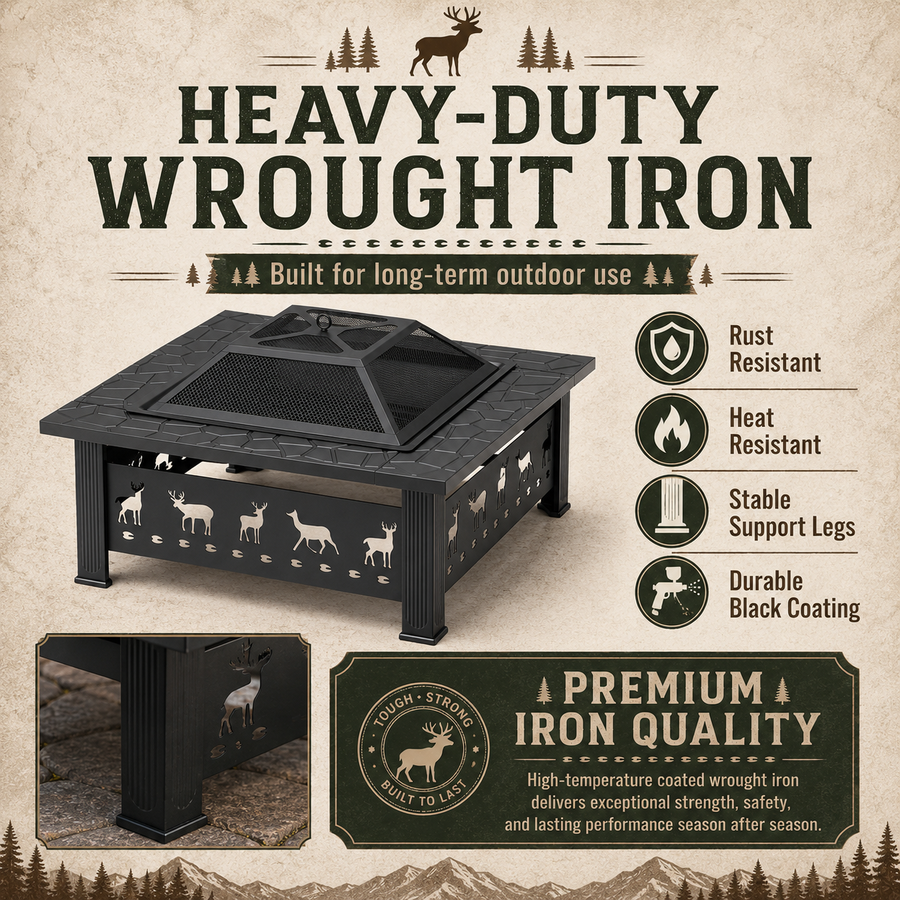 32 Inch Wood Burning Fire Pit for Outside, Square Outdoor Fire Pit Table with Spark Screen & Fire Poker, Heavy Duty Wrought Iron Firepit for Backyard, Patio, Garden & Camping