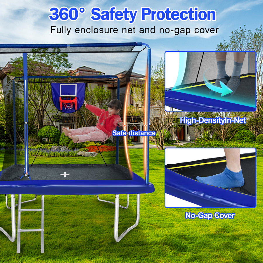 2-IN-1 Rectangle Trampoline with Enclosure Net, 8x12FT Extra Large Kids Adult Trampoline Heavy-Duty Supports, Upgraded Trampoline W/Basketball Hoop, Soccer Target, Shoe Bag, Ladder