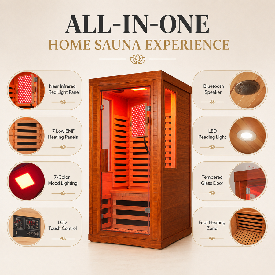 Seizeen Infrared Sauna with Red Light Lamp, 1-2 Persons Indoor Dry Sauna Room with 7 Carbon Crystal Heaters, Low EMF Okoume Wood Home Sauna Beaty Lamp, 7 Color Chromotherapy, Bluetooth Speaker