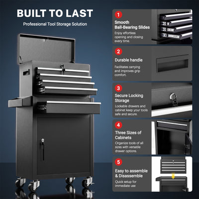 Tool Chest, 5-Drawer Rolling Tool Storage Cabinet with Detachable Top Tool Box, Universal Lockable Wheels