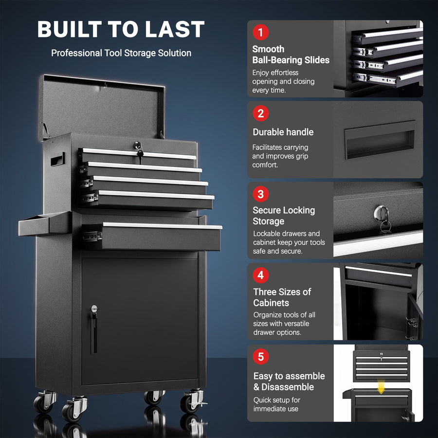 Tool Chest, 5-Drawer Rolling Tool Storage Cabinet with Detachable Top Tool Box, Universal Lockable Wheels