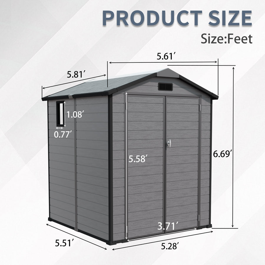 6x6FT Outdoor Storage Shed, Plastic Resin Shed w/Floor and Window, Lockable Tool Bike Garden Patio Large Storage with Sloped Top, Drainage Holes, 30MPH Wind Resistance