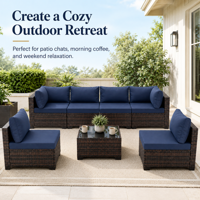 Patio Furniture Set on Sale, 7 Piece Luxurious Rattan Outdoor Sectional Set, All-Weather Wicker Porch Patio Couch w/Coffee Table, Thick Cushion Outdoor Sofa, Brown