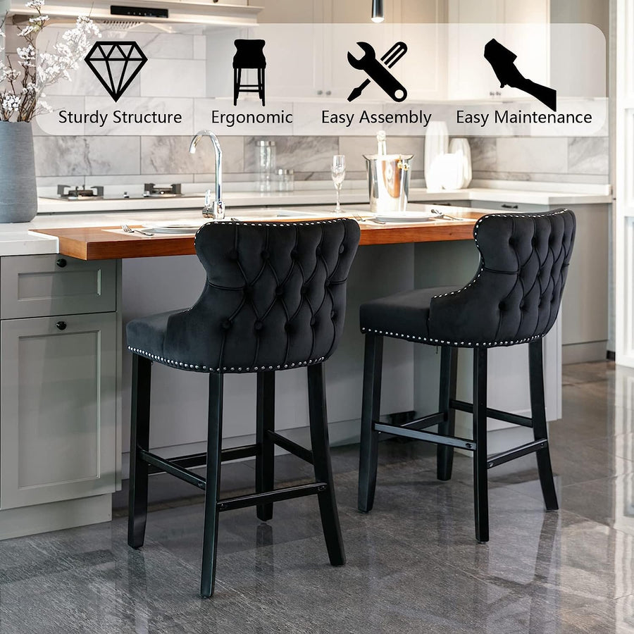 Seizeen Counter Height Bar Stools, Set of 2, Wing-back Velvet Dining Chairs with Soft Cushion, Solid Wood Legs, Button Tufted Decoration and Chrome Nailhead Trim, Black