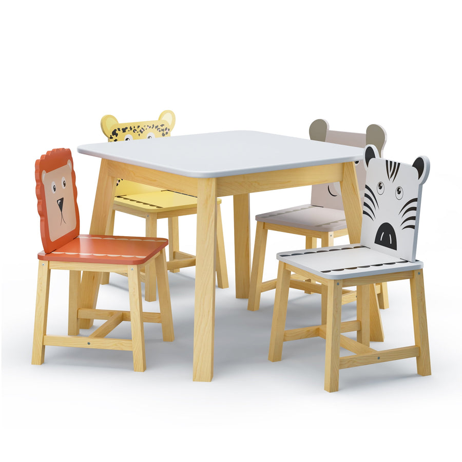 Seizeen Kids Table & Chair Set , 5 Pieces Cartoon Table with 4 Chairs Solid Wood Kids' Furniture Large Table and Animals Backrest, Kid's Room, Nursery Furniture Set