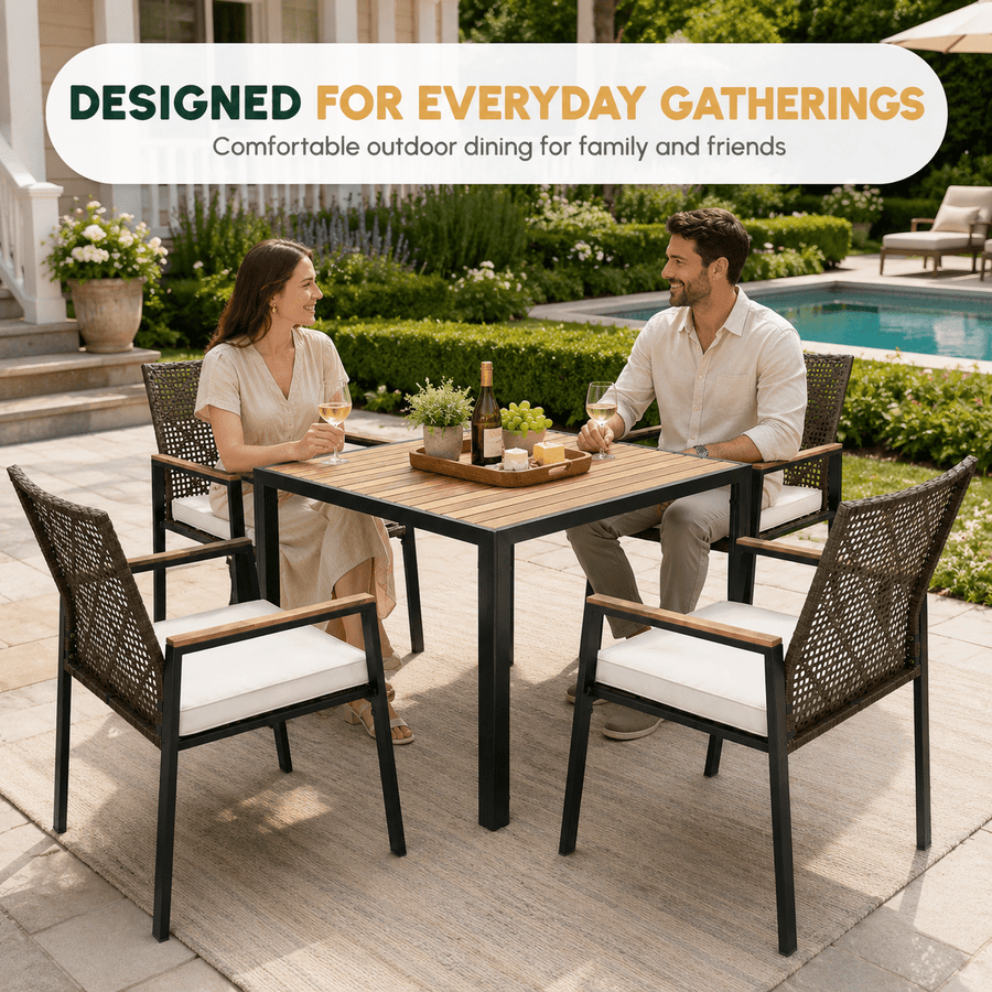 Outdoor Dining Set, 5-piece Outdoor Patio Furniture Table and Chairs Cushioned, Hollow Rattan Dining Table Set for 4, Bold Metal Frame, Acacia Woodtop, Umbrella Hole