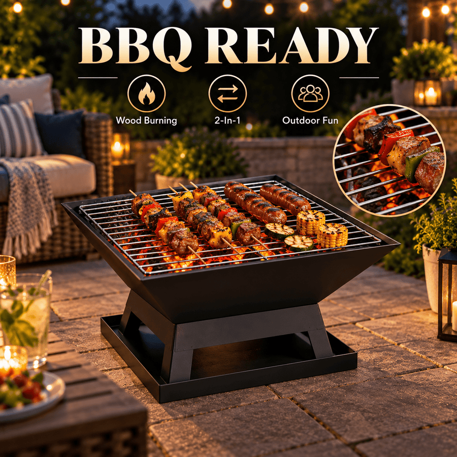 Portable Fire Pit for Outside, Seizeen Wood Burning Fire Pits 19'' Small Size, Square Firepit with Screen Cover, Fire Bowls with Ash Tray, Poker