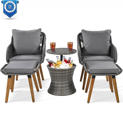 5 Pieces Patio Furniture Set, Outdoor Patio Conversation Set with Cooler Bar Table, Luxurious Bistro Set Armchair w/Ottomans, Porch Garden, Gray Cushions