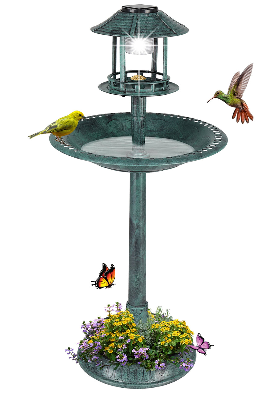 Seizeen Garden Bird Bath, Green Round Birdbaths & Bird Feeder Comb with Solar Light, Base Planter, 3 Tiers Bird Bath Garden Decor for Outdoor