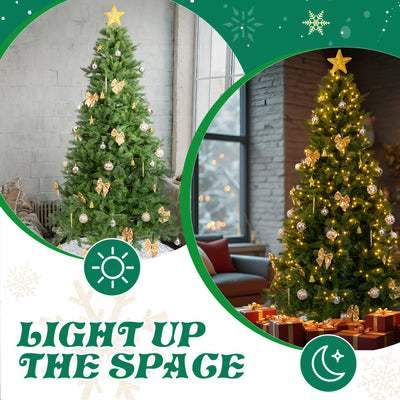 7.5FT Christmas Tree with Lights, Artificial Tree w/Full 950 Branch Tips, Hinged Xmas Tree with Gold Ornaments, Tree Skirt, 400 Warm White Lights with Remote, Easy Setup, Fire-Resistant