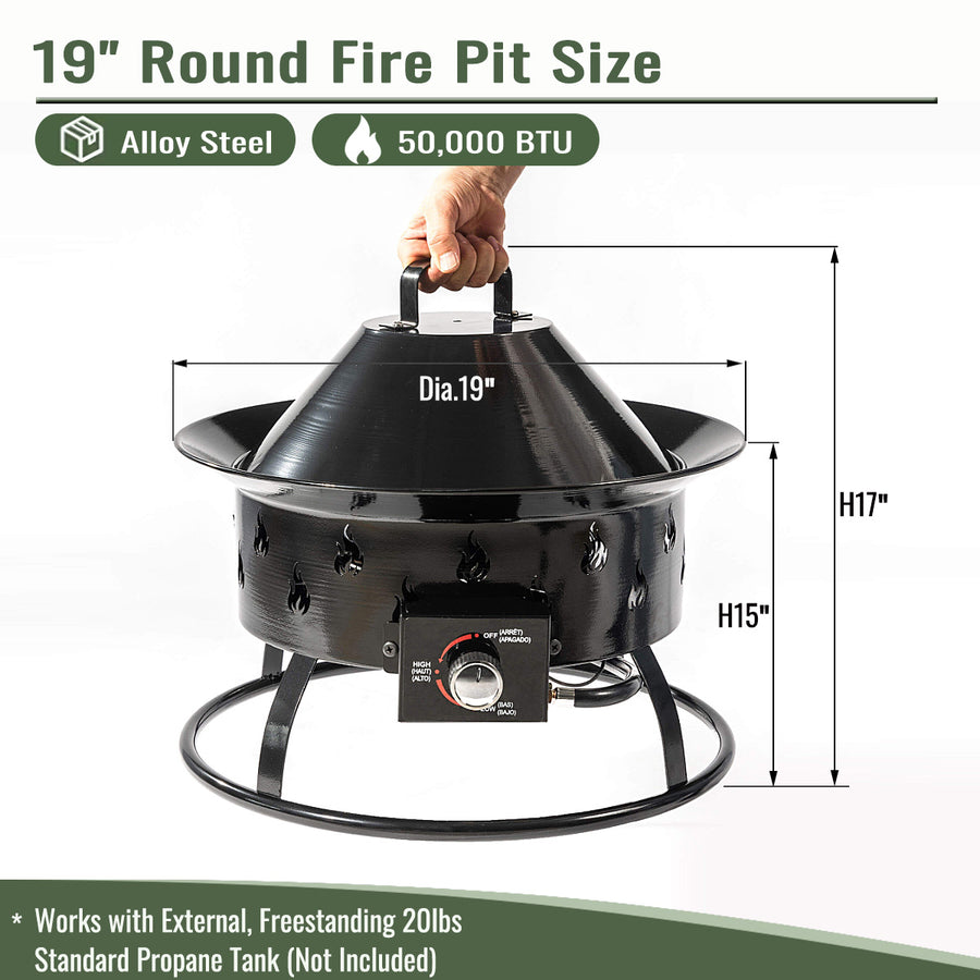 Seizeen Outdoor Propane Gas Fire Pit, 50000 BTU Fire Pit for Outside, Portable Outdoor Heating with Cover & Carry Kit, 19''Round