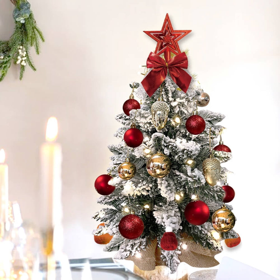 Red Small Artificial Christmas Tree Pre-lit Tabletop Xmas Tree with Lights and Rich Decorations