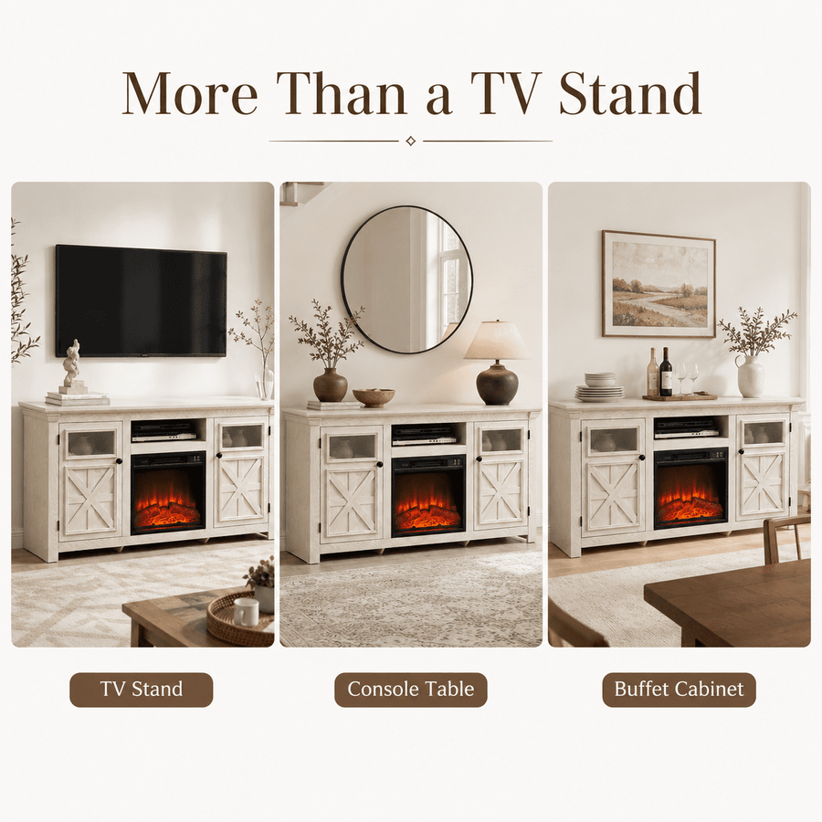 Seizeen Fireplace TV Stand for 60'' TV, 55''L Entertainment Center TV Cabinet, Farmhouse Media Console W/Large Storage, Remote Control for Fireplace, Infrared Heater & Virtual Flame, Gray Wash