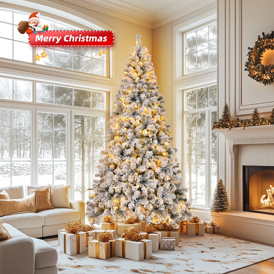 8FT Pre-Lit Christmas Trees, Snow Flocked Christmas Tree with 1300 Branch Tips, Artificial Xmas Pine Tree w/500 Lights, 11 Light Modes, 2 Light Colors