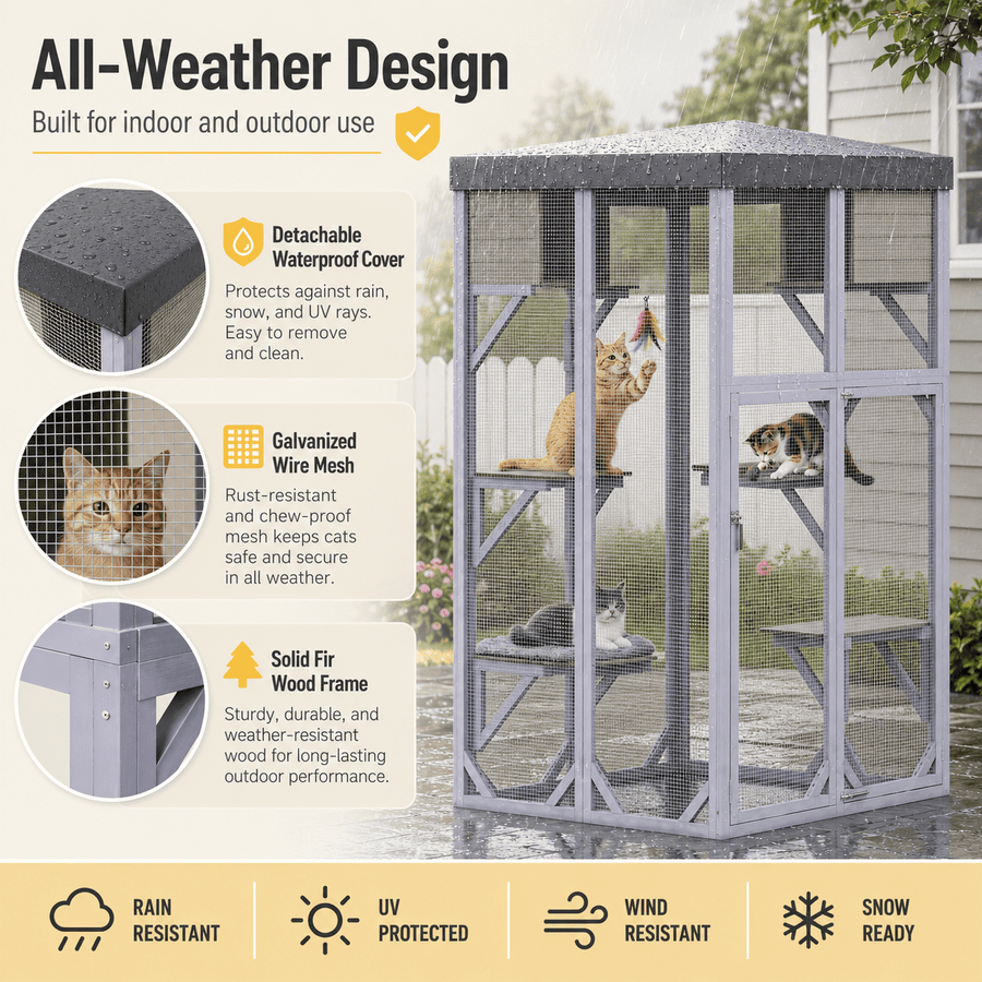 Outdoor Wooden Catio, 70 in Tall Cat Enclosure with 4 Platforms, 2 Napping Houses, Detachable Waterproof Cover and Galvanized Wire, for Indoor Outdoor Use