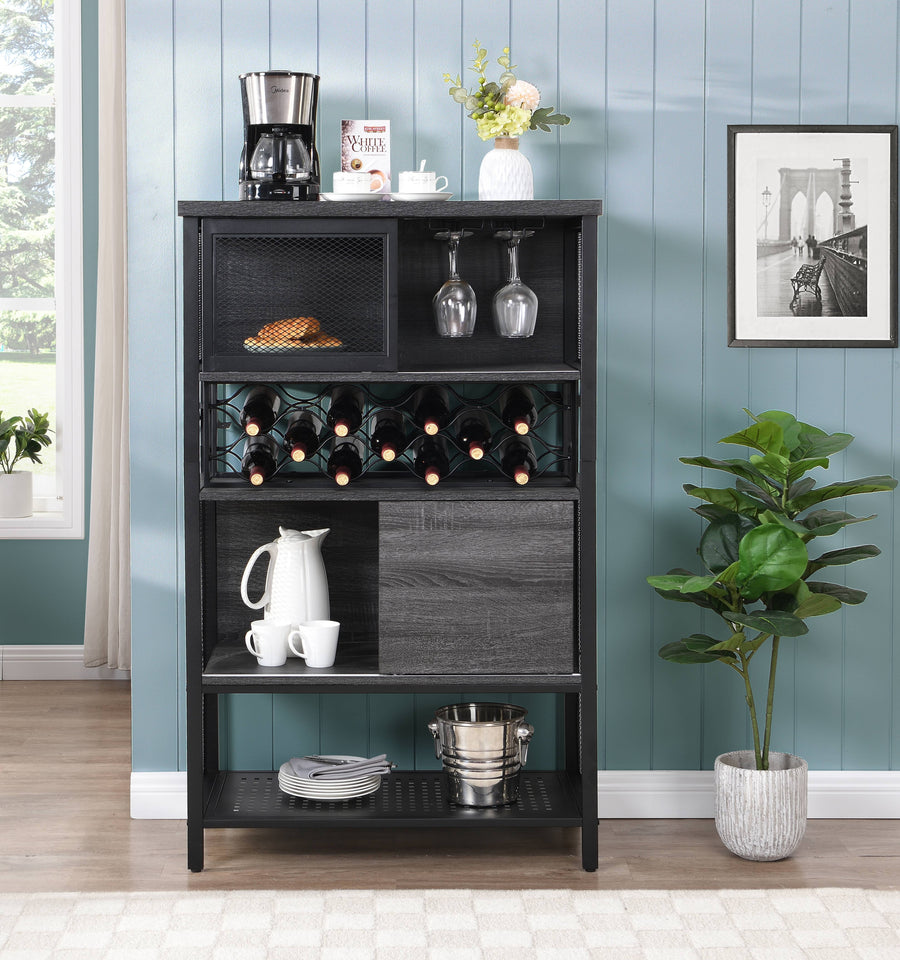 Gray Kitchen Storage Cabinet, Industrial Bar Cabinet with Wine Rack for Liquor and Glasses, 5-Tier Sideboard Buffet for Kitchen Dining Room with Sliding Door and Shelves