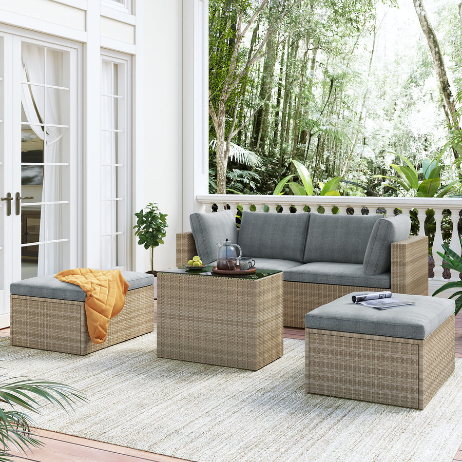 Outdoor Patio Furniture Set 5 Pieces, Patio Rattan Wicker Furniture Conversation Set with Ottoman and Coffee Table, Garden Terrace Deck Sectional Sofa Set with Cushion, Gray