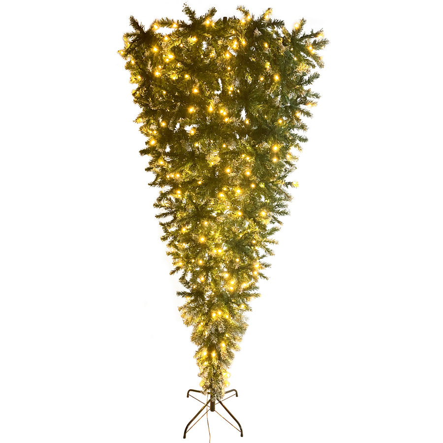 7.4FT Christmas Trees with Lights, Seizeen Lighted Upside Down Artificial Christmas Trees, Prelit Xmas Trees with 400 Lights, DIY Quick Assembly Artificial Trees with 1200 Tips, 8 Light Modes, Green