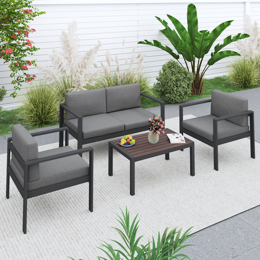 Seizeen 4 Pieces Patio Furniture Set, Outdoor Conversation Set All-aluminum, Porch Furniture Sets W/8cm Cushions & Table, Thickened Metal Patio Set for Deck Poolside Backyard Furniture, Black