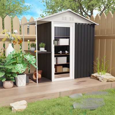 Sheds & Outdoor Storage, 6 x 4 FT Outdoor Storage Shed with Rack Metal Garden Shed with Storage Shelves Bike Storage Tool Cabinet Box for Lawn Backyard Patio Use