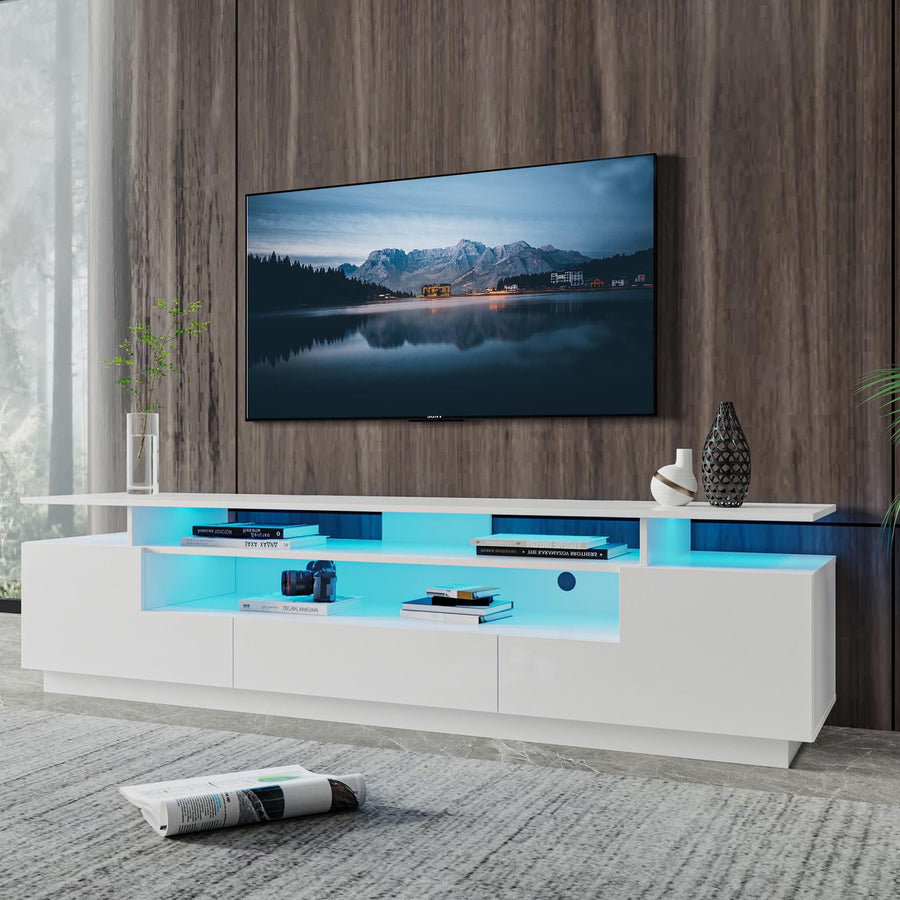 TV Stand for 80'' TV, White Entertainment Center with 20-Color LED Lights, TV Consoles Cabinet for Living Room, DVD Player TV Media Console with Storage Drawers