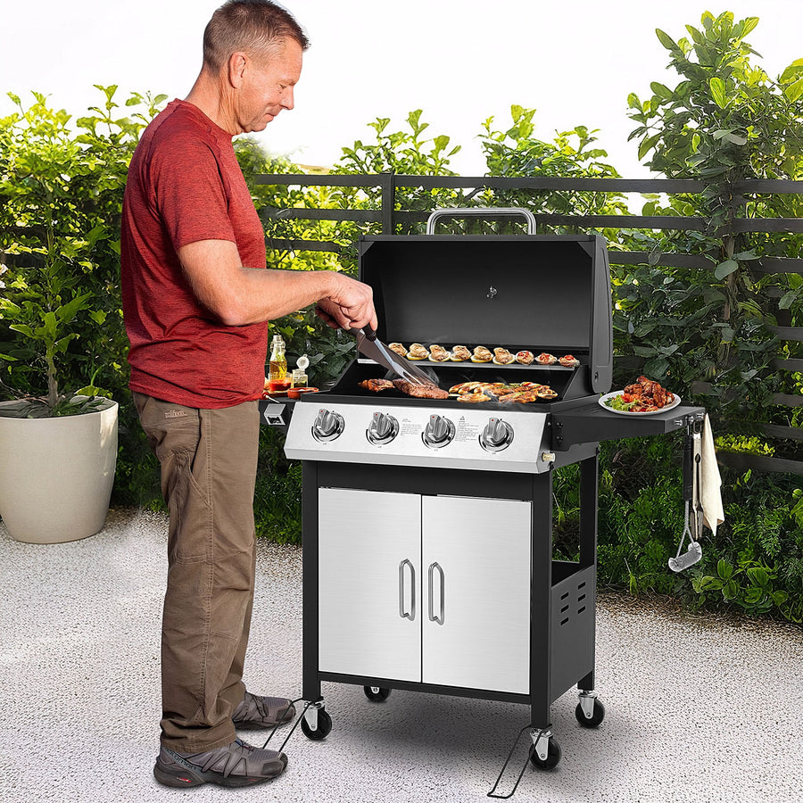 40,000BTU Grill w/Brush, 4-Burner Propane Gas Grill Stainless Steel, Outdoor Camping BBQ Grill on Wheels Portable for Patio Poolside RV