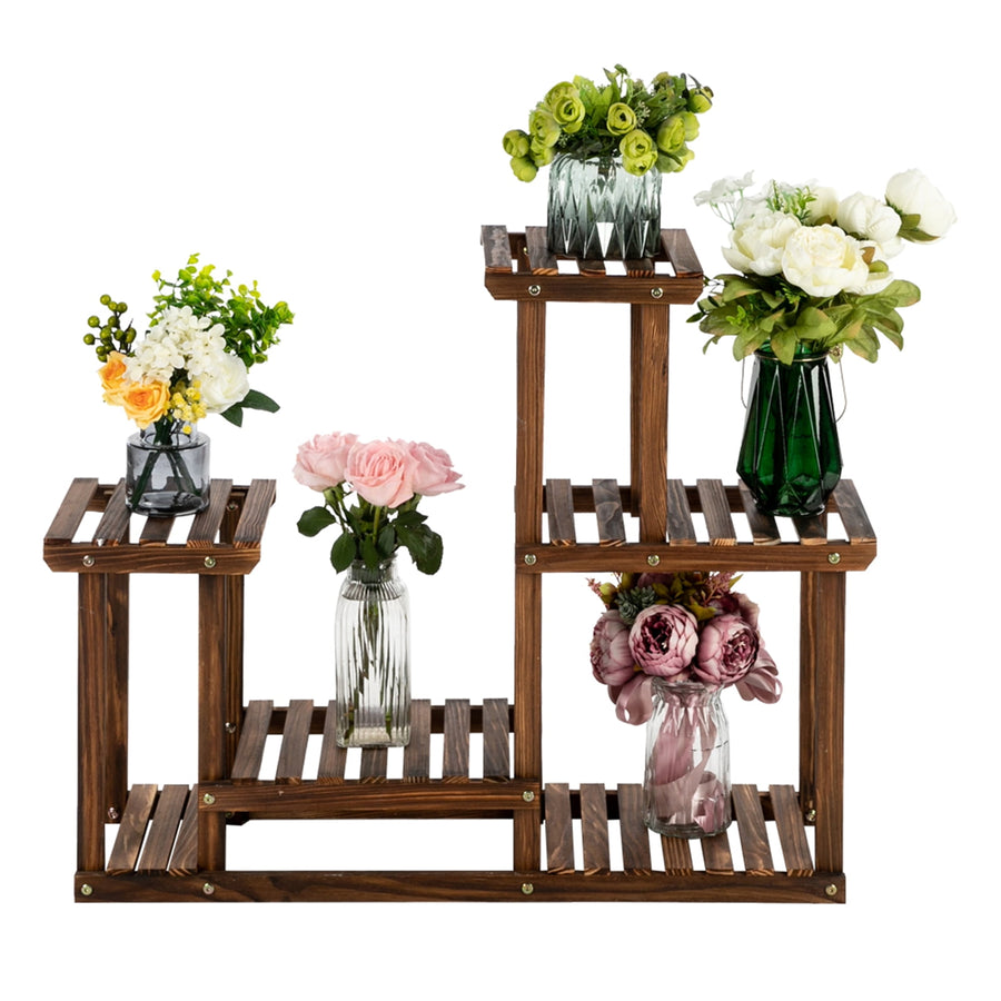 Seizeen Outdoor Plant Stands Set, All-Weather Carbonized Wood Flower Plant Holder 3 Tier 6 Potted Shelf 28''T, with Gloves & Mini Garden Tools for Potted Plant