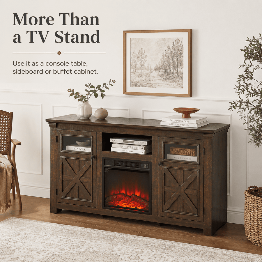 Seizeen Fireplace TV Stand for 60'' TV, 55''L Entertainment Center TV Cabinet, Farmhouse Media Console W/Large Storage, Remote Control for Fireplace, Infrared Heater & Virtual Flame, Gray Wash