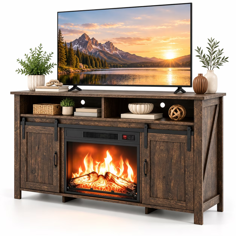 TV Stand with Fireplace for 65''TV, Farmhouse Entertainment Center TV Console Cabinet, 23'' Infrared Fireplace Insert with Remote Control & Virtual Flame, Brown, 59''L