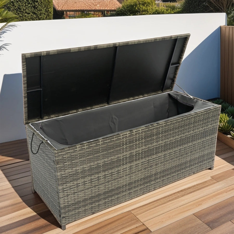 Seizeen Rattan Outdoor Storage Box, XL Wicker Deck Box & Cushion Storage Container, Waterproof Pool Box for Pool Accessories, 113 Gallon Patio Storage Box W/Inner Liner, Grey