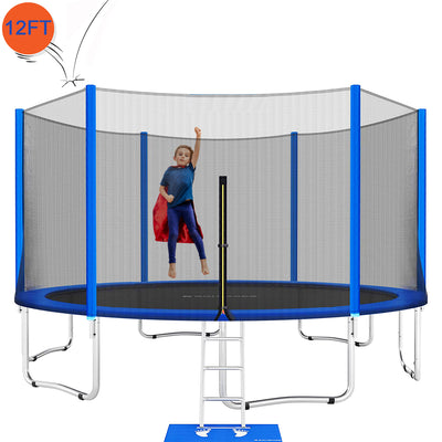 Trampoline for Adults & Kids - 12FT All-Weather Trampoline W/ Thickened Enclosure Net and Spring Pad, Outdoor Round Trampolines with Steel Support & Ladder, Large Trampoline Bears 6-8 Kids