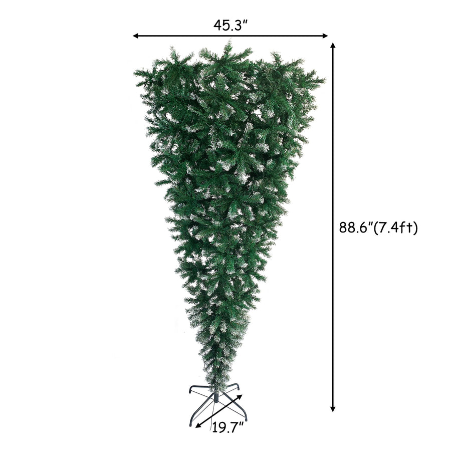 7.4FT Christmas Trees with Lights, Seizeen Lighted Upside Down Artificial Christmas Trees, Prelit Xmas Trees with 400 Lights, DIY Quick Assembly Artificial Trees with 1200 Tips, 8 Light Modes, Green