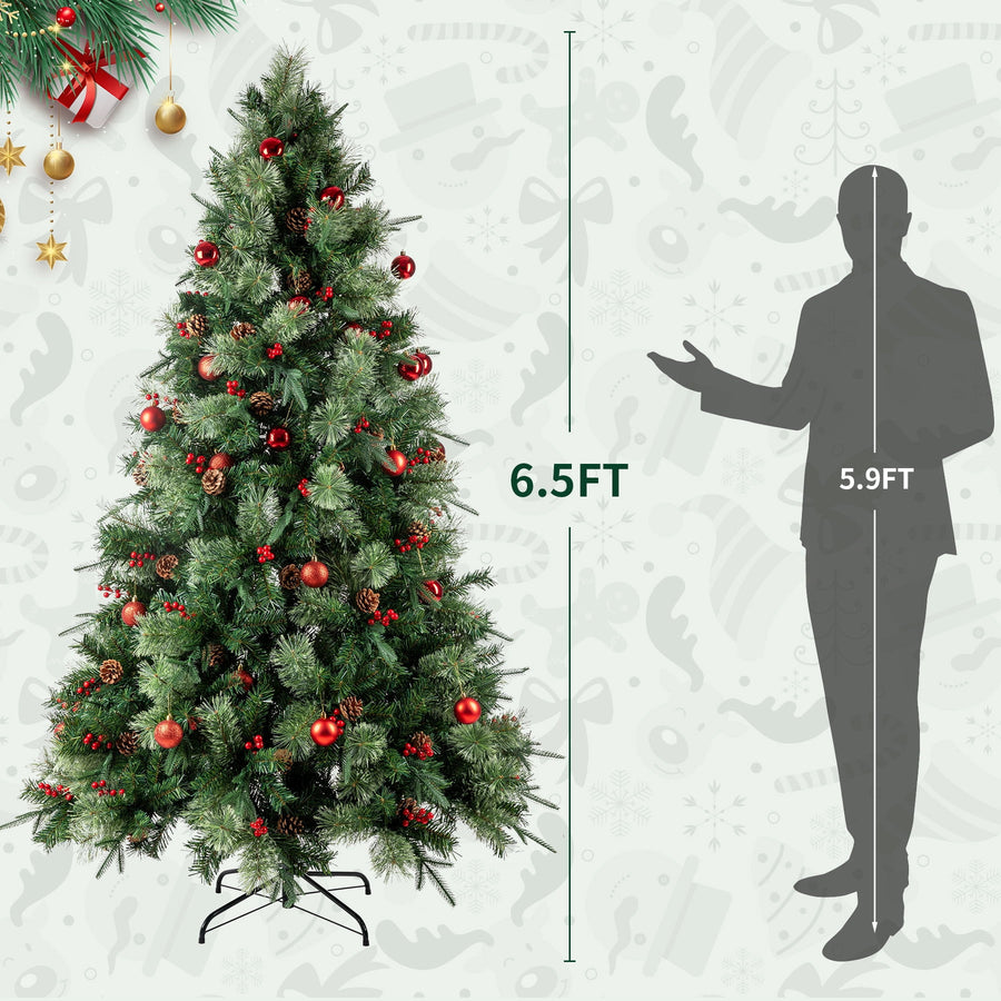 Seizeen 6.5FT Lighted Christmas Tree, Green Pre-lit Artificial Tree with 350 LED Lights Pine Cones, Berries, Flocked Xams Tree Decor for Indoor Outdoor Home Holiday, 1200 Branch Tips