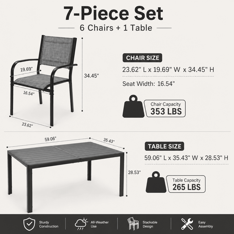 Outdoor Dining Table & Chairs, Patio Dining Sets with 6 Stackable Textilene Armchairs, All-Weather Plastic Furniture Dining Set Steel Frame and Wood Grain Top Table