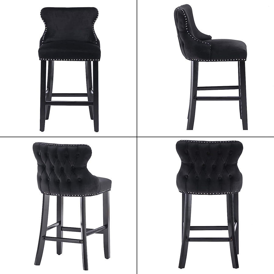 Seizeen Counter Height Bar Stools, Set of 2, Wing-back Velvet Dining Chairs with Soft Cushion, Solid Wood Legs, Button Tufted Decoration and Chrome Nailhead Trim, Black