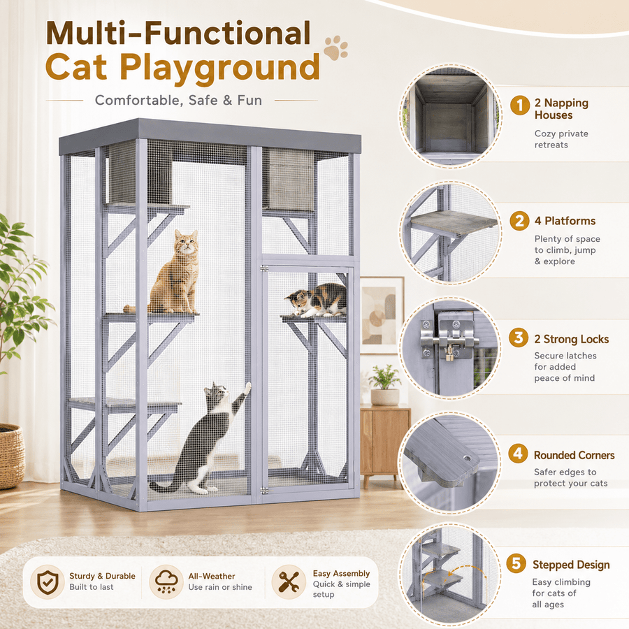 Outdoor Wooden Catio, 70 in Tall Cat Enclosure with 4 Platforms, 2 Napping Houses, Detachable Waterproof Cover and Galvanized Wire, for Indoor Outdoor Use