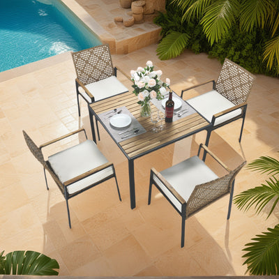 Rattan Patio Dining Set for 4, 5 Pieces Outdoor Dining Table Set With Cushioned Chairs, All-Weather PE Rattan Furniture Set for Garden Yard Deck, Beige Cushion, Brown