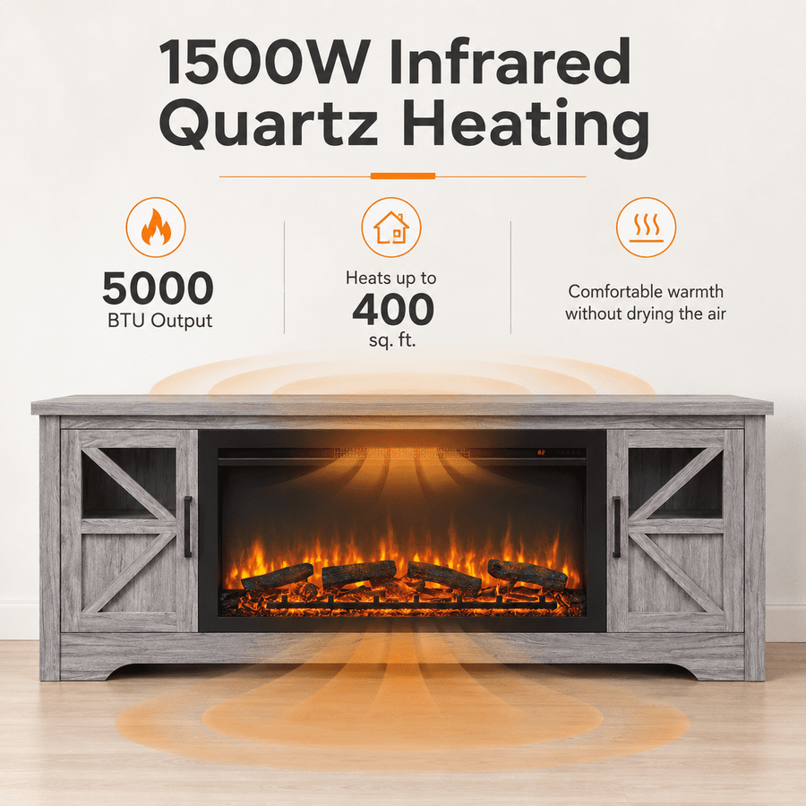 75" Fireplace TV Stand for TVs up to 80", Entertainment Center with 44" Electric Fireplace, 1500W Infrared Quartz Heater, Remote Control and Timer, TV Media Console Cabinet  w/2 Doors & Shelves
