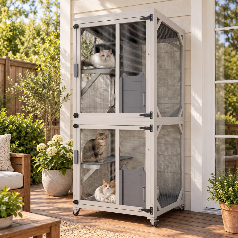 Catio, 2-Tier Outdoor Cat Enclosure, Wooden Cat House for Outside Indoor Kitty Cage on Wheels, All-weather Waterproof Top, Resting Box and Jump Platform, 71''H