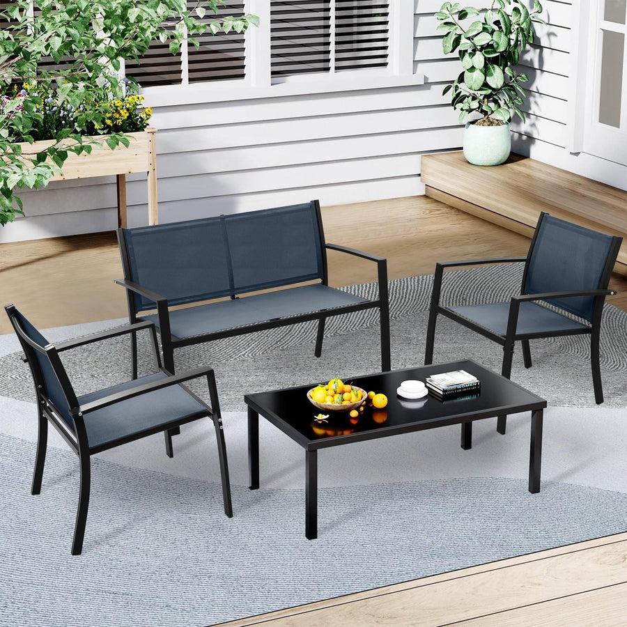 4pcs Patio Furniture Set, Outdoor Conversation Set Textilene Furniture, All-weather Porch Backyard Table Set with Loveseat Armchairs, Metal Frame Balcony Furniture for Indoor Small Space, Blue