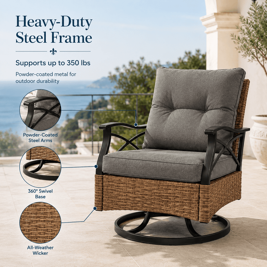 3 Pcs Patio Furniture Set Clearance, Outdoor Chair Set of 2 with 2-Tier Table, Front Porch Rattan Wicker Bistro Set Cushioned, Heavy-duty Steel 360°Swivel  Balcony Conversation Set