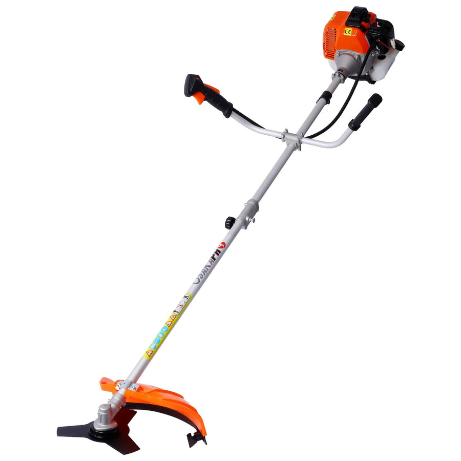 33cc Gas Weed Eater, 7-in-1 2-Cycle Gas Powered String Trimmer and Brush Cutter with Edger, Metal Blades, Quick-Change Attachments, Shoulder Harness and Safety Gear, Blue/Black