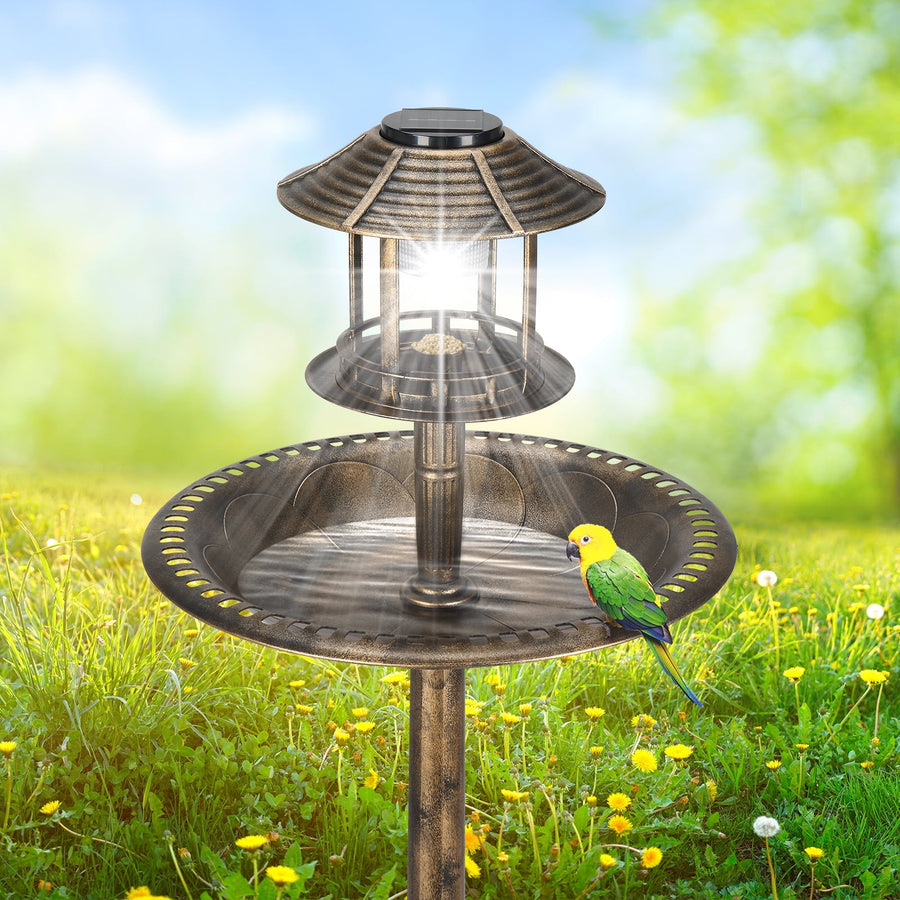 Bird Bath with Bird Feeder, Seizeen Outdoor Bird Baths with Solar Light & Base Planter, Round Birdbaths as Garden Decor, 42''H, Bronze